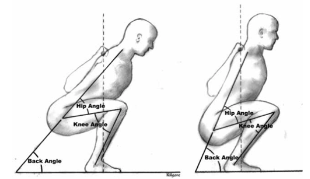 Left, low bar squat; right, high bar squat. Note the lower hip position, more closed knee, and almost parallel lines of the back and leg for the high bar squat. Both hip and knee have reached the limit range of motion in the deep position of the high bar squat but only the hip is fully closed in the deep position of the low bar squat. Image source: <https://steemit.com/fitness/@orupold-fitness/high-bar-vs-low-bar>  FAIR USE